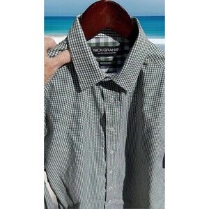 Nick Graham Dress Shirt Green White Plaid LS Men Medium 15.5 34-35 Modern Fit